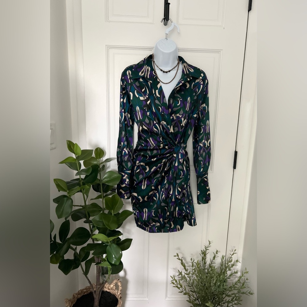 Mango Satin MINI Dress Retro (Blue, Dark Green, Purple, Cream) size Medium (6)